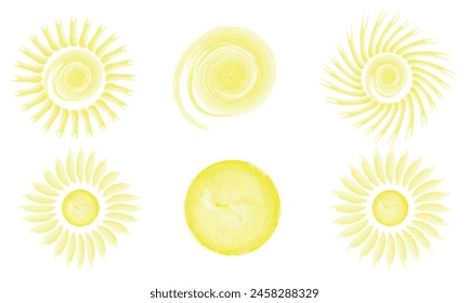 Set of watercolor suns of different shapes on transparent background