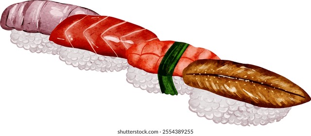 Set of Watercolor Sushi Illustration. Sashimi. Japanese Food.