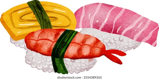 Set of Watercolor Sushi Illustration. Sashimi. Japanese Food.