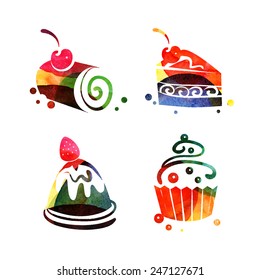 Set of watercolor sweet cake silhouettes. Vector tea time illustration