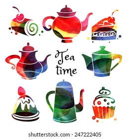 Set of watercolor teapot and sweet cake silhouettes. Vector tea time illustration