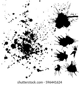 Set watercolor texture. Black ink on paper. Uneven edge. Blot stains and ink