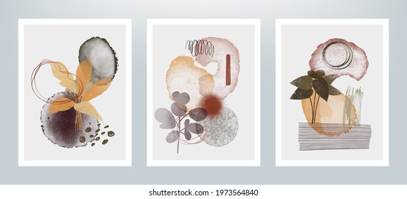 Set of watercolor texture tropical leaves posters. Abstract nature illustration with textured abstract leaves. 