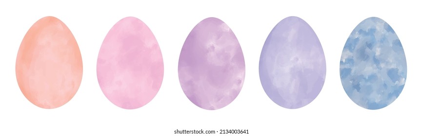 Set of Watercolor textured vector pastel Easter eggs. Hand painted spring water colour clip art elements collection isolated on white background. Beige, pink, purple, blue aquarelle color spring eggs.