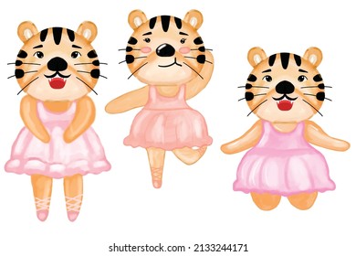 set of watercolor tiger ballerina. Cute watercolor tiger ballerina  illustration