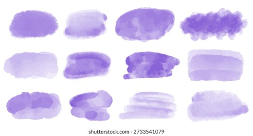 Set von Aquarell transluzenten Flecken in zarten lila Farbe. Abstrakte Lavendelfleckenformen. Zartheit, Weichheit und gemütliche Pinselstriche für Hintergründe und Design, Vektorgrafiken