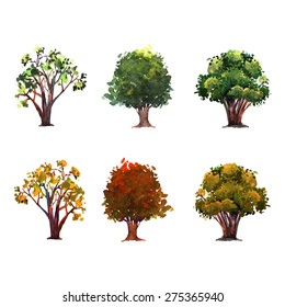 Set of watercolor trees. Colorful floral collection with isolated trees. 