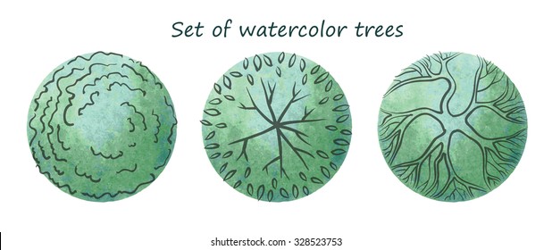 Set of watercolor trees with graphic stroke, top view, for landscape and architectural design, vector