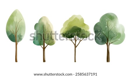 Set of watercolor trees. Hand drawn woodland collection. Oak, maple. Forest trees