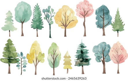 Set of watercolor trees. Hand painting. Watercolor. Illustration for greeting cards, invitations, and other printing projects.