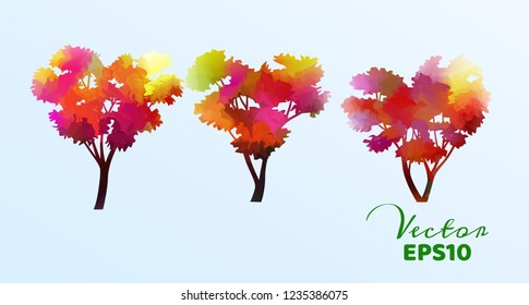 Set of watercolor trees heart shaped . Vector illustration.