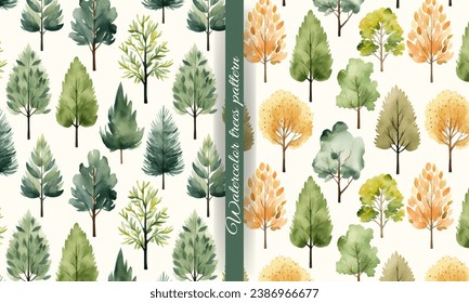 Set of watercolor trees seamless pattern. Cute trees wallpaper. Trendy scandi vector backgrounds
