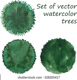 Set of watercolor trees, top view, vector