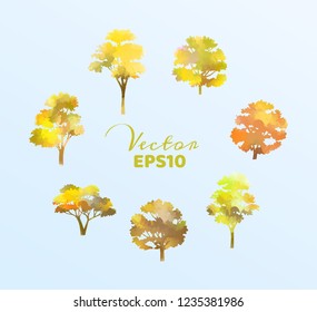 Set of watercolor trees . Vector illustration.