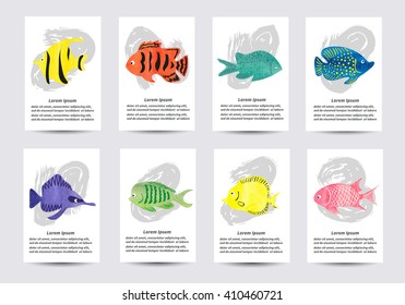 Set of watercolor tropical fish. Collection of card templates for design. Vector illustration. 