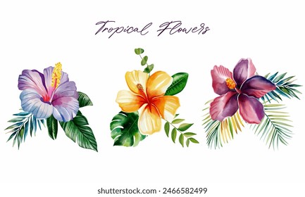 Set of watercolor tropical flowers. Tropical bouquets with colorfull leaves. Exotic foliage, wild floral. 