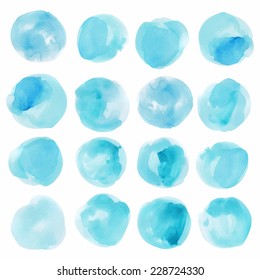 Set of watercolor vector blobs, isolated on white background. Blue