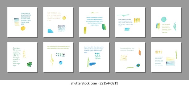 Set of watercolor vector brush strokes illustrations on universal cards can be used for social media marketing. Set of beautiful vector watercolor shapes on white background.