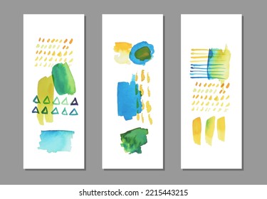 Para el marketing de medios sociales se pueden utilizar ilustraciones de trazos de pincel vectorial de color de agua en tarjetas universales. Conjunto de hermosas formas de acuarela vectorial sobre fondo blanco.