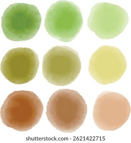Set of Watercolor Vector Circles in Gradient Green and Brown Tones. Abstract watercolor art featuring nine circles in varying green and brown shades arranged in a grid.