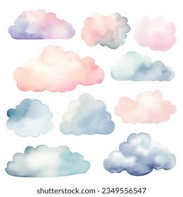 Set of watercolor vector clouds. Isolated on white. Fantasy pastel color. Delicate, elegant decoration. 