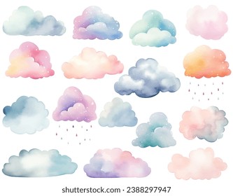 Set of watercolor vector clouds. Isolated on white. Fantasy pastel color. Delicate, nursery decoration. 