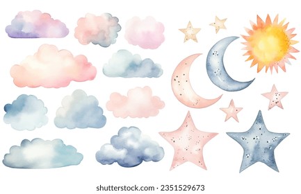 Conjunto de nubes vectoriales de acuarela, sol, luna, estrellas. Fantástico color pastel. Elementos de guardería