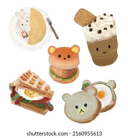 Set of watercolor vector cute breakfast, each item on a separate layer
