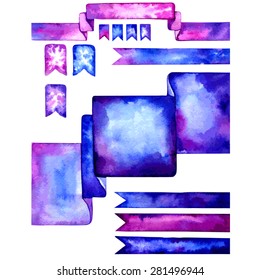 Set of watercolor vector design elements. Blue, pink and violet ribbon tags, frame, divider. Watercolor hand drawn vector templates for your website. 