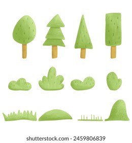 Set watercolor vector elements trees, grass, bushes.