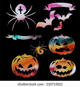 set of watercolor vector Halloween pumpkins and ribbons for text on a black background a happy Halloween