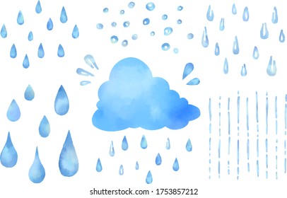 Set of watercolor vector illustrations of cute clouds and rain drops.