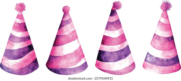 Set of watercolor vector illustrations party hats isolated on white background.
