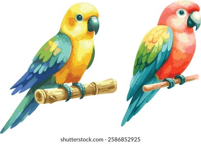 Set of Watercolor Vector Illustrations of a two adorable colorful parrots