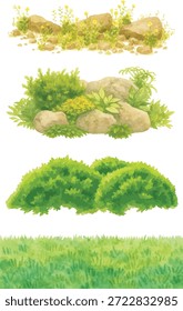 Conjunto de ilustradores de Vector de acuarela de varios arreglos de plantas y rocas aislados sobre fondo blanco.