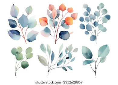 Set of watercolor vector leaves