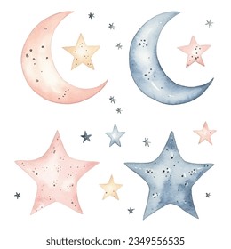 Set of watercolor vector stars and moon. Fantasy pastel color. Nursery elements. Magic decoration. 