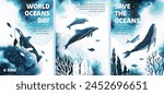 Set watercolor vector templates with killer whale, humpback, dolphins, fish, seaweed. World oceans day. Save the oceans. Sea animals. Silhouette of a big whales. Illustrations with underwater nature