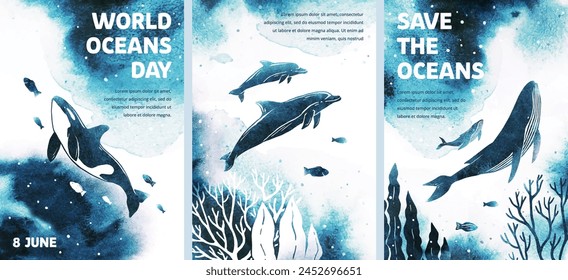 Set watercolor vector templates with killer whale, humpback, dolphins, fish, seaweed. World oceans day. Save the oceans. Sea animals. Silhouette of a big whales. Illustrations with underwater nature