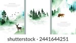 Set watercolor vector templates with landscape, bear, deer, birds, forest, river and place for text. Nature illustration for poster, book, banner, card, flyer