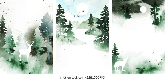 Set watercolor vector templates and landscape  isolated animals  birds  forest   place for text  Nature illustration for poster  book  banner  flyer  card  Size A4