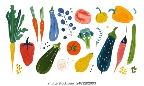 Set of watercolor vegetables. Carrots, peppers, eggplant, tomatoes, broccoli, cucumber and other vegetables. Vector illustration.