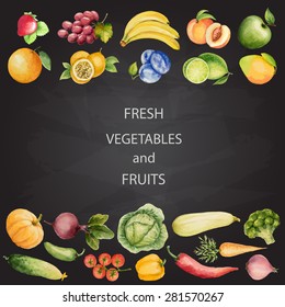 Set of watercolor vegetables and fruits,hand made drawing with chalk.Template for your design. Vector illustration.