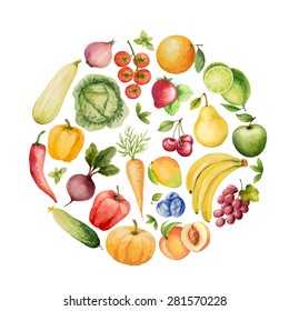 Set of watercolor vegetables and fruits.Template for your design. Vector illustration.