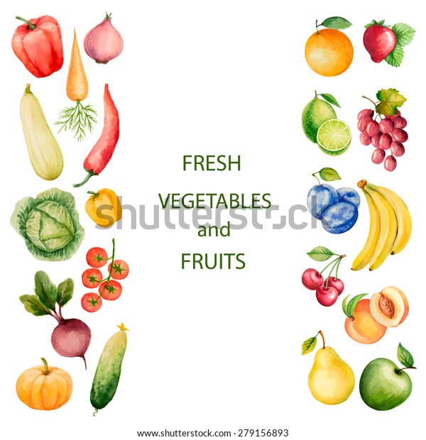 水彩の野菜と果物のセット デザイン用のテンプレート ベクターイラスト のベクター画像素材 ロイヤリティフリー