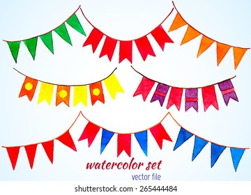 Set of watercolor vintage flags garlands in vector. Party and wedding decor elements.