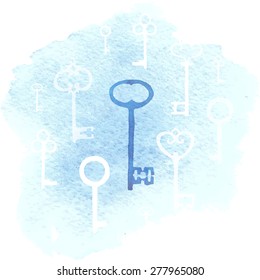 Set of watercolor vintage keys. Vector illustration.