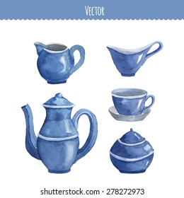 Set of watercolor ware. Teapot, cup, milk seller, sugar bowl. Vector