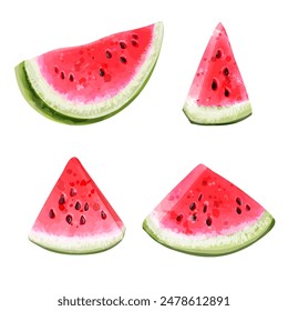 Set of watercolor watermelon slices isolated on white background. Summer fruits and berries. Vector illustration