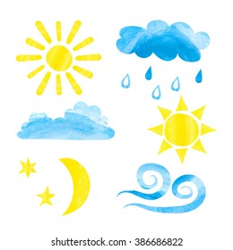 Set Of Watercolor Weather Icons. Watercolor Sun, Clouds, Moon, Stars And Wind. Vector Illustrations Isolated On White Background. 